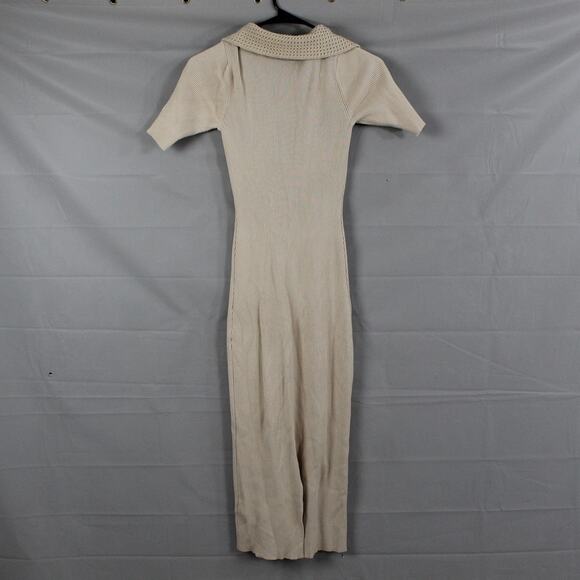 Caroline Constas Dress Small Ribbed Knit Crochet Collar Midi Bodycon Beige Chic - Picture 6 of 11